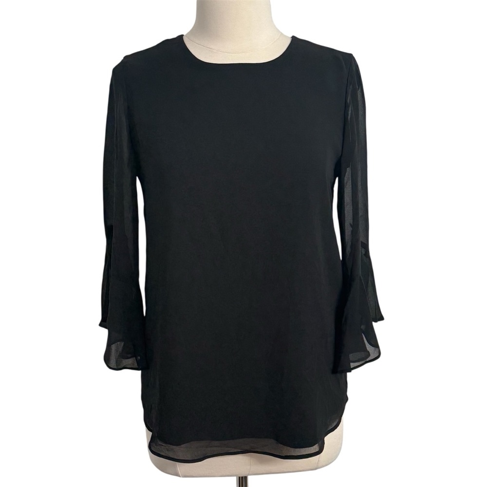 Calvin Klein Women's Fluid Layered Sheer Chiffon Sleeves Blouse, Black, Size XL